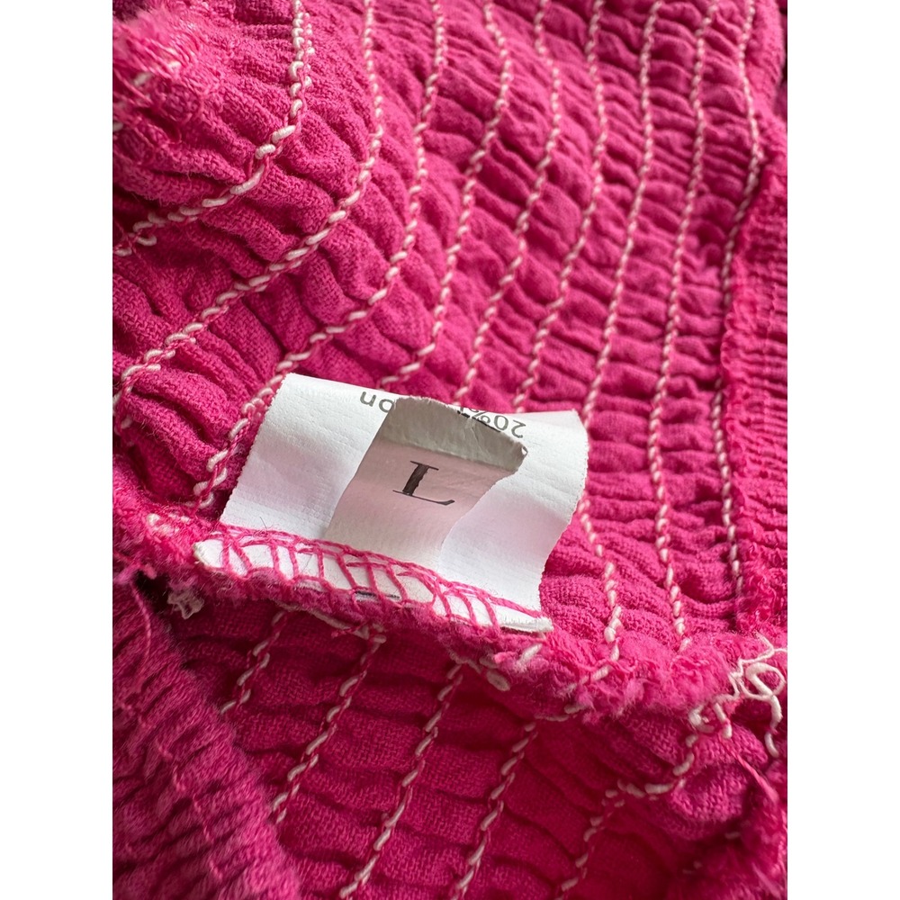 Hot Pink Cotton Linen Wide Leg Smocked Waist Pleated Pants Womens Large - Picture 4 of 4